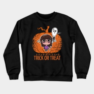 Kawaii Girl and the Unhappy Spirit: Halloween Charm on Pumpkin Background Crewneck Sweatshirt